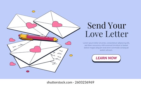 Stack of love letters with heart seals and a pen on a light blue background. Small heart shapes float around. Romantic communication concept. Vector illustration