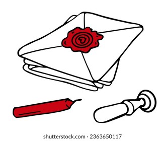 A stack of love letters. Mail  in envelope with red wax seal. Secret correspondence. Email. Romantic Message. Elements for Valentine's poster, card, invitation designs.