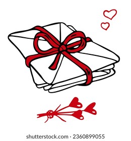 A stack of love letters tied with ribbon. Mail love in envelope. Red heart flowers branche. Symbols for Valentine's Day. Email. Be my Valentine. The 14th of February. Message. Romantic postcard.