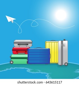 Stack of luggage with paper plane in sunny day and fade earth on background