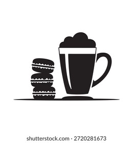 A stack of macarons and a cup of coffee on a serving tray