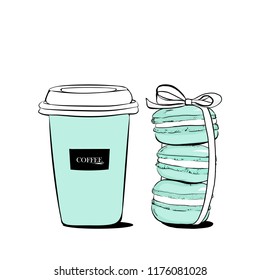 Stack of Macaroons with bow ribbon for design and with coffee cup. Fashion illustration. Hand drawn watercolor pile of turquoise macaron cakes, french pastry dessert. vector illustration