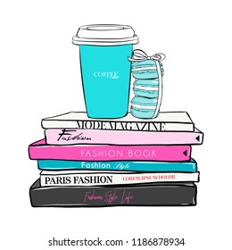 Stack of Macaroons with bow ribbon design with coffee cup on fashion magazines books. Hand drawn beautiful girls concept. Fashionable illustration with stack of books, fashion magazines, macaron cakes