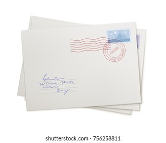 Stack mail envelopes, isolated. Correspondence in the form of several letters, front view. Mail, addressee, waiting, concept. Vector illustration of several white covers