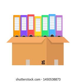 Stack of many color document folders and cardboard box for design on white, stock vector illustration