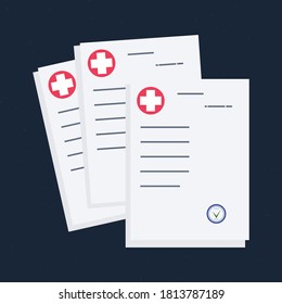 A stack of medical forms or a list of medicines with a doctor's stamp.  Electronic online insurance and medical care.  Vector