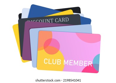 Stack of membership cards, loyalty cards and discount cards. Retail customer problem. Vector illustration.