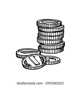 a stack of metal coins, money, symbol of wealth, numismatic hobby, vector illustration with black ink contour lines isolated on a white background in a doodle and hand drawn style