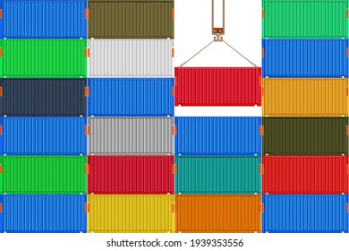 Stack metal shipping cargo containers. Delivery of cargo shipping. Crane with a color container in harbor.Goods container for logistics and transportation. Industrial texture.Stock vector illustration