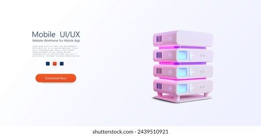 Stack of Modern Network Servers in Neon Lights. A tower of sleek, contemporary network servers glowing in soft pink and blue hues, symbolizing connectivity and data management. Vector illustration - Powered by Shutterstock - Get 15% off with code: PIKWIZARD15