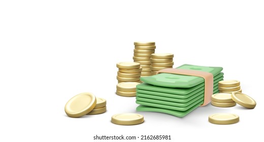 Stack of money in 3D realistic cartoon style. Green dollar bills and gold coins isolated on white background. Business object for banner. Vector illustration