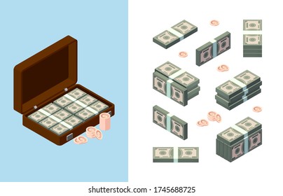 Stack money. American dollars golden coins buyers items banking symbols vector isometric collection