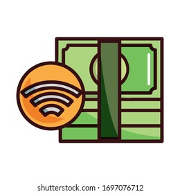 stack of money banknote cash shopping or payment mobile banking vector illustration line and fill icon