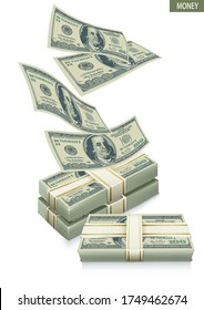 Stack of money. Bundle of 100 Bucks. Hundred dollar banknote on white background