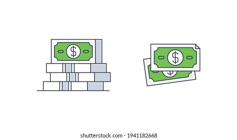 Stack of money. Business money and finance vector icons. 2 items of bundle of money dollars. White background