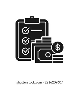 Stack of money and clipboard. Budget checklist, financial report flat icon isolated on white background. Vector illustration