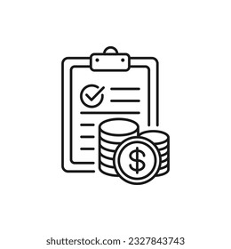 Pila de dinero y portapapeles. Lista de comprobación de presupuesto, icono de línea de informe financiero aislado en fondo blanco. Ilustración del vector