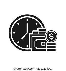 Stack of money and clock. Financial schedule icon flat style isolated on white background. Vector illustration