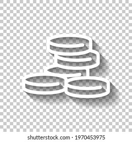 Stack of money coins, dollar or euro, business icon. White linear icon with editable stroke and shadow on transparent background