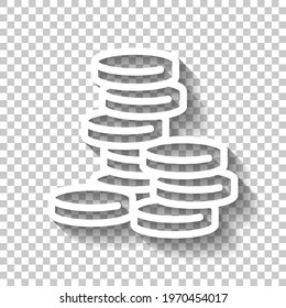 Stack of money coins, dollar or euro, business icon. White linear icon with editable stroke and shadow on transparent background