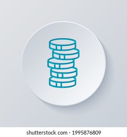 Stack of money coins, dollar or euro, business icon. Cut circle with gray and blue layers. Paper style