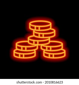 Stack of money coins, dollar or euro, business icon. Orange neon style on black background. Light linear icon with editable stroke