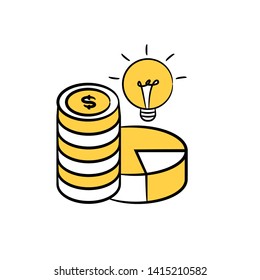 stack of money coins pie chart and light bulb yellow doodle theme for investment idea concept