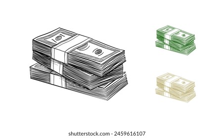 Pila de dinero. Billetes de dólar. Ilustración vectorial dibujada a mano Aislado.