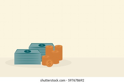 stack of money and dollar coin in flat icon design on yellow color background (vector)