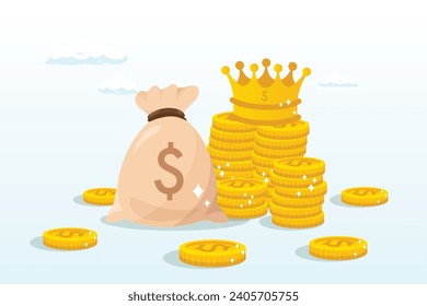 Pila de monedas en dólares y bolsa de dinero con la preciosa corona de oro real, el efectivo es rey, el dinero es el mejor valor en crisis o el inversor prepara efectivo para comprar acciones en crisis económica (Vector)