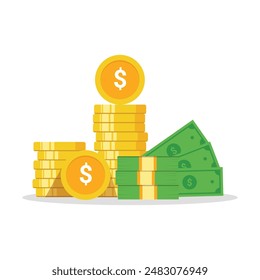 Stack of money dollar and golden dollar coins Vector illustration.