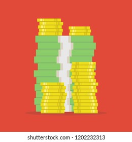 Stack of money dollars. Gold coins. Vector illustration.