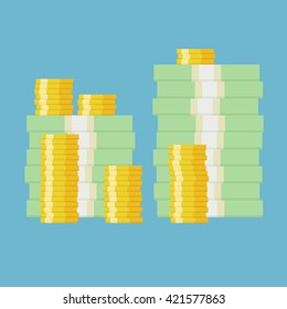 Stack Of Money Dollars. Gold Coins. Simple, Flat Style. Graphic Vector Illustration.