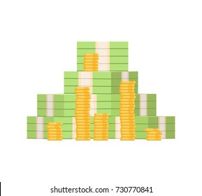 Stack Of Money Dollars. Gold Coins. Big Pile Of Cash. Vector Illustration.