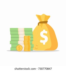 Stack of money dollars. Gold coins. Big pile of cash. Vector illustration.