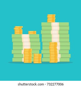 Stack Of Money Dollars. Gold Coins. Big Pile Of Cash. Vector Illustration.