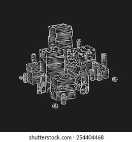 Stack of money in doodle style.Chalkboard.