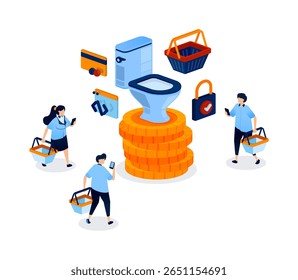 a pilha de dinheiro indo para um banheiro representa gastos excessivos e má gestão de dinheiro, causada por compras descuidadas com cartões de crédito e compra impulsiva. Pode ser usado para banner, aplicativo móvel, site, anúncios