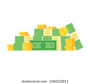 Stack of money and gold coins. Pile of dollars. Banknotes heap. Vector illustration in a modern flat style isolated on white background.