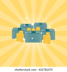 stack of money and golden coins in flat icon design on yellow background (vector)