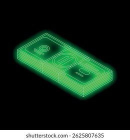 Stack of money with a green neon glow is isolated against a black background