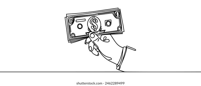 A stack of money in hands, 100 dollars in one line. Continuous money line drawing.