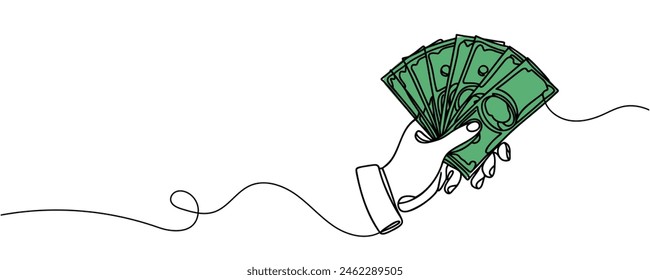 A stack of money in hands, 100 dollars in one line. Continuous money line drawing.