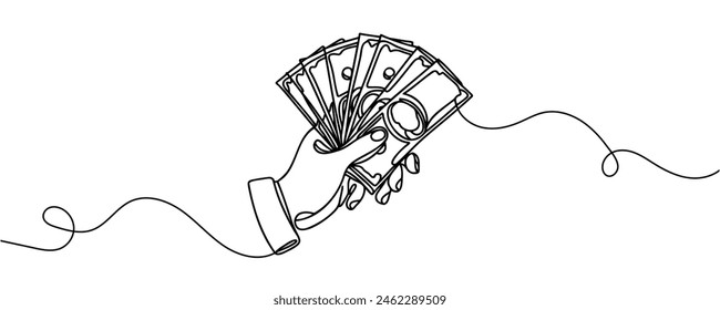 Ein Stapel Geld in Händen, 100 Dollar in einer Linie. Kontinuierliche Geldlinienzeichnung.