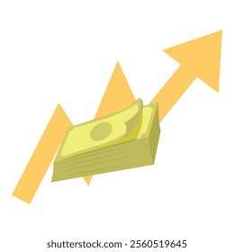 Stack of money increasing with an upward arrow indicating growing business profits and financial success