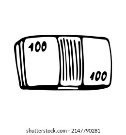 Stack of money line art. Stack of paper banknotes. Cash. Hand drawn graphic vector illustration. Isolated simple doodle element.