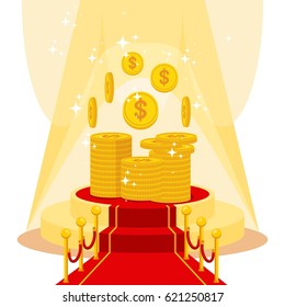 Stack of money on luxurious catwalk with red carpet. Flat vector cartoon illustration. Objects isolated on a white background.