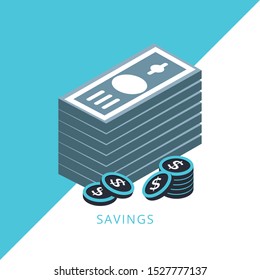 Stack of money. Packing in bundles of bank notes with dollar coins. Concept of line icon