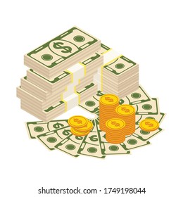 Stack of money. Packing in bundles of bank notes, gold coins. Flat vector cartoon money isolated on white background.