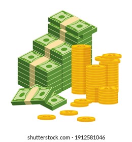 Stack of money. Packing in bundles of bank notes, bills fly, gold coins. Flat vector cartoon illustration. Objects isolated on a white background.